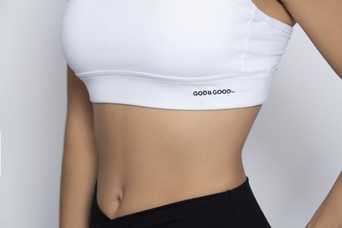 God is Good Woman White Sport Bra